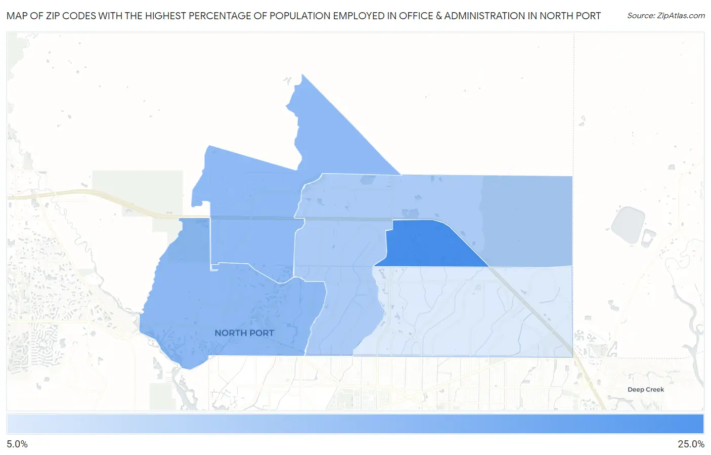 Zip Codes with the Highest Percentage of Population Employed in Office & Administration in North Port Map