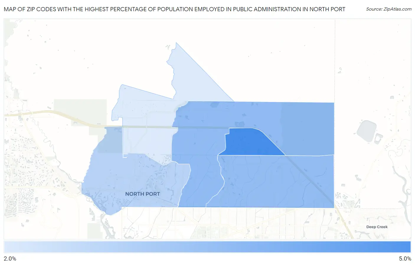 Zip Codes with the Highest Percentage of Population Employed in Public Administration in North Port Map