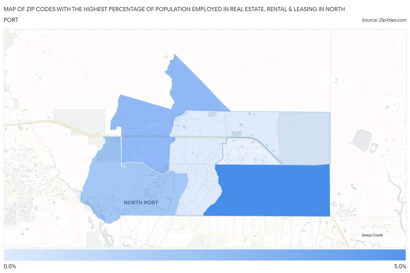 Zip Codes with the Highest Percentage of Population Employed in Real Estate, Rental & Leasing in North Port Map