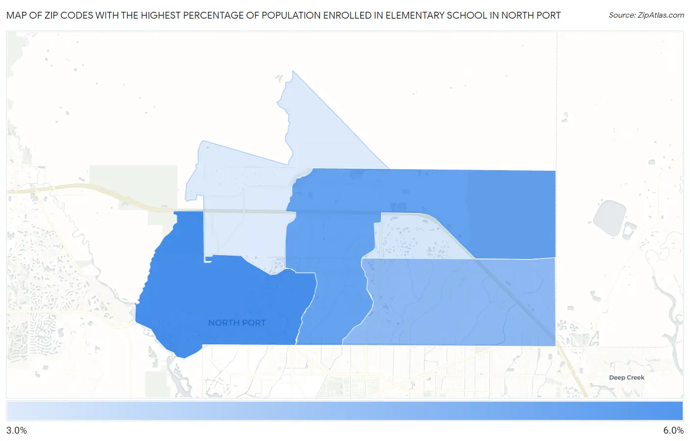 Zip Codes with the Highest Percentage of Population Enrolled in Elementary School in North Port Map