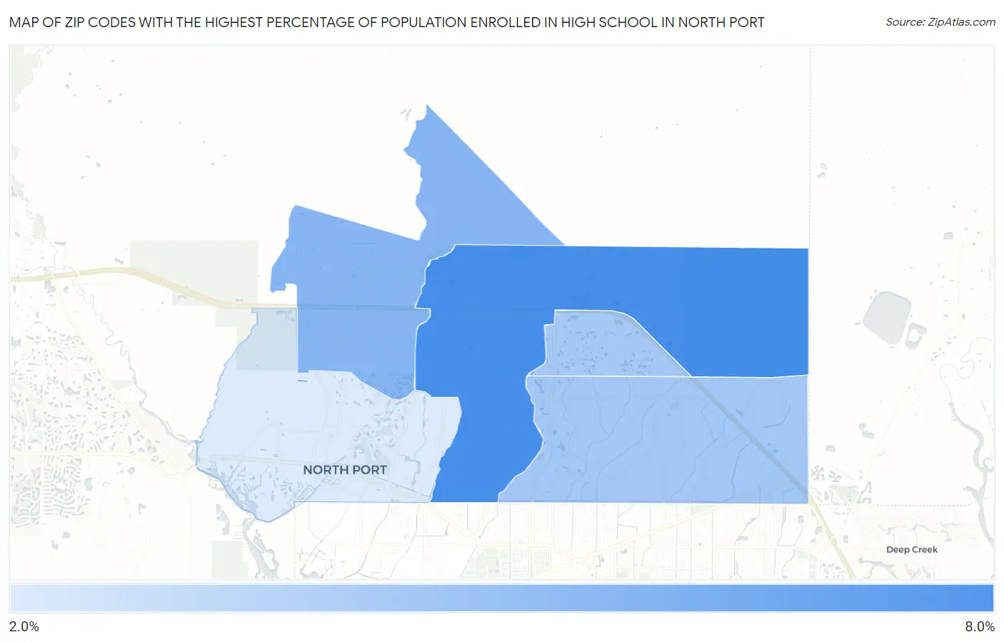 Zip Codes with the Highest Percentage of Population Enrolled in High School in North Port Map