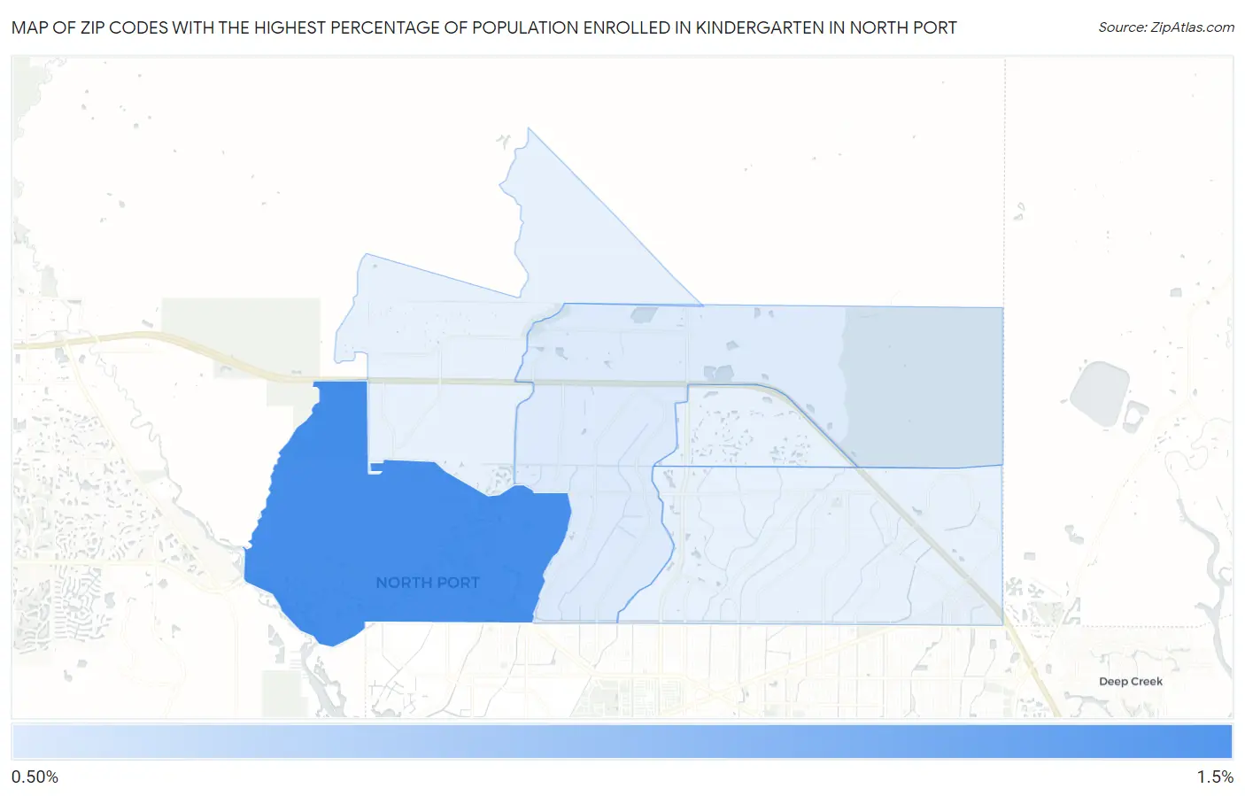 Zip Codes with the Highest Percentage of Population Enrolled in Kindergarten in North Port Map