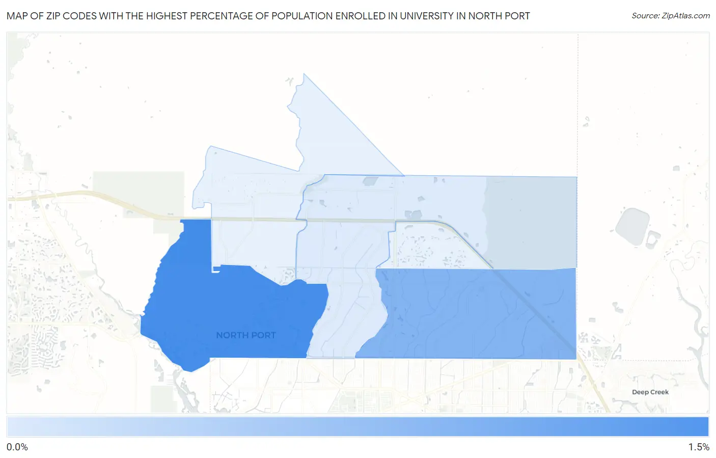 Zip Codes with the Highest Percentage of Population Enrolled in University in North Port Map