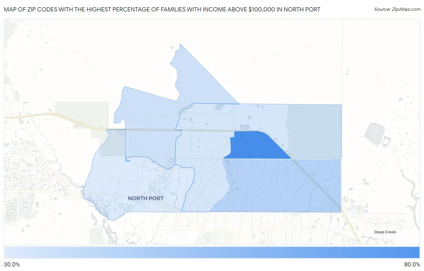 Zip Codes with the Highest Percentage of Families with Income Above $100,000 in North Port Map