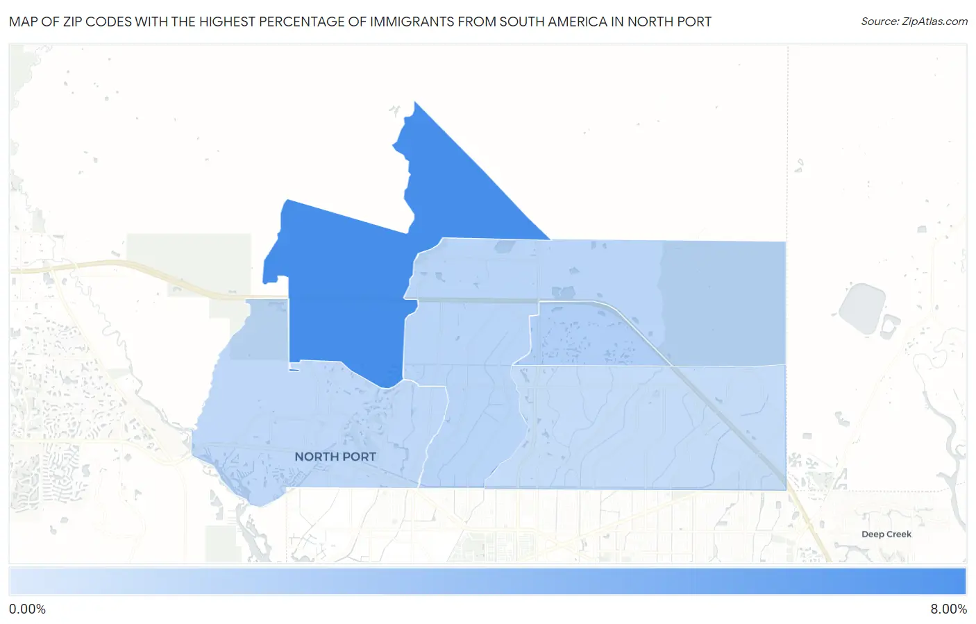 Zip Codes with the Highest Percentage of Immigrants from South America in North Port Map