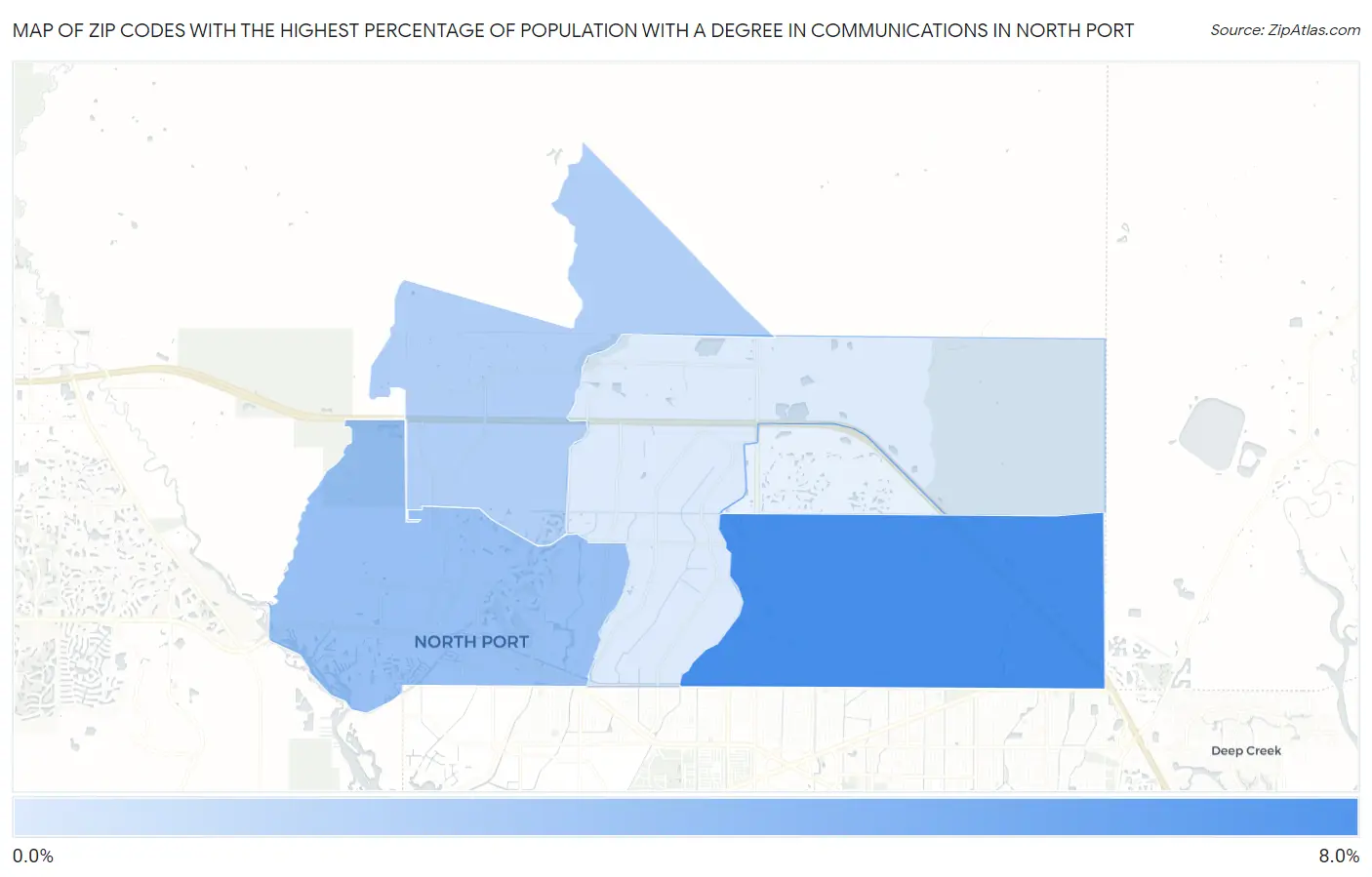 Zip Codes with the Highest Percentage of Population with a Degree in Communications in North Port Map