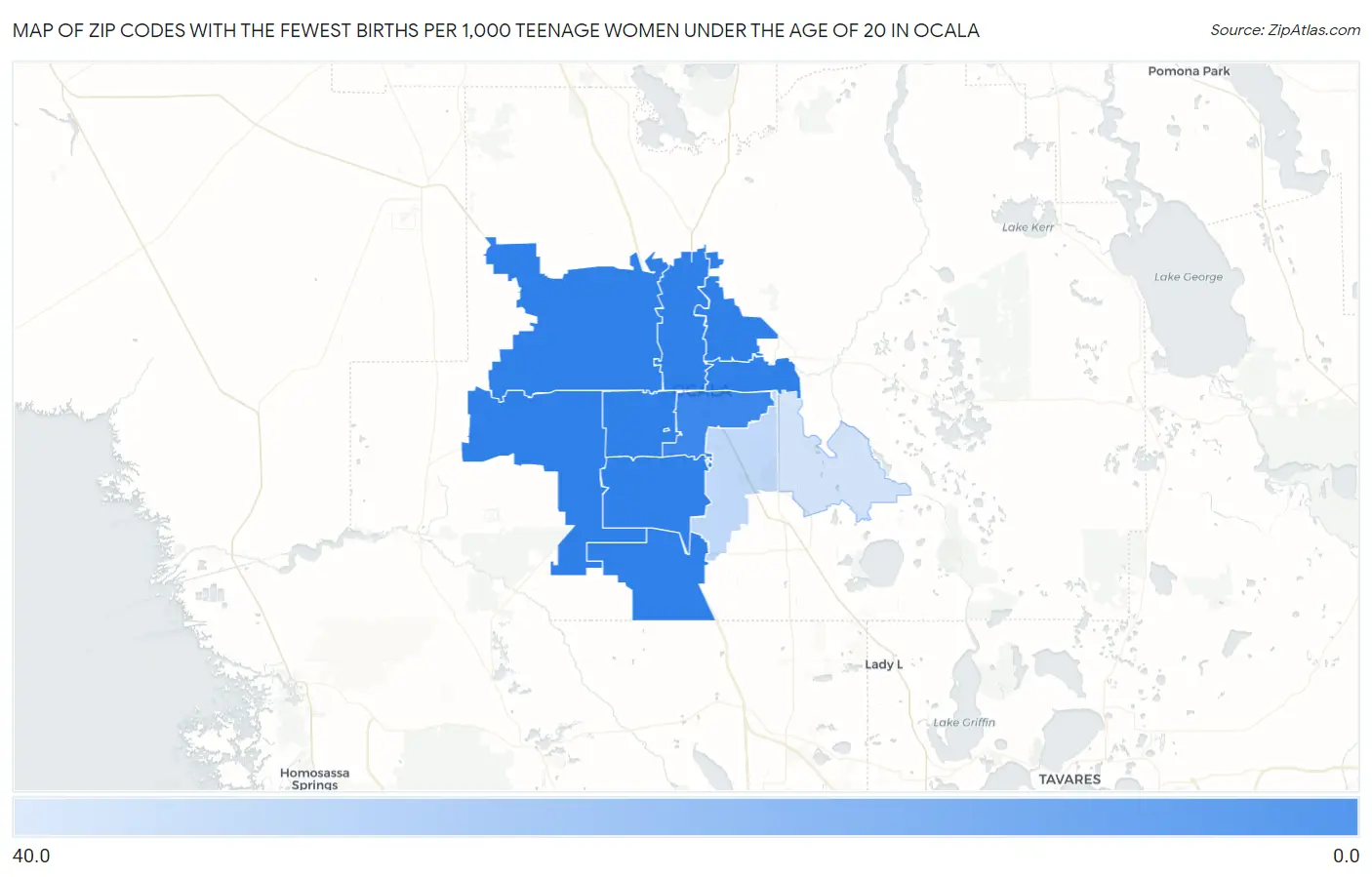 Zip Codes with the Fewest Births per 1,000 Teenage Women Under the Age of 20 in Ocala Map