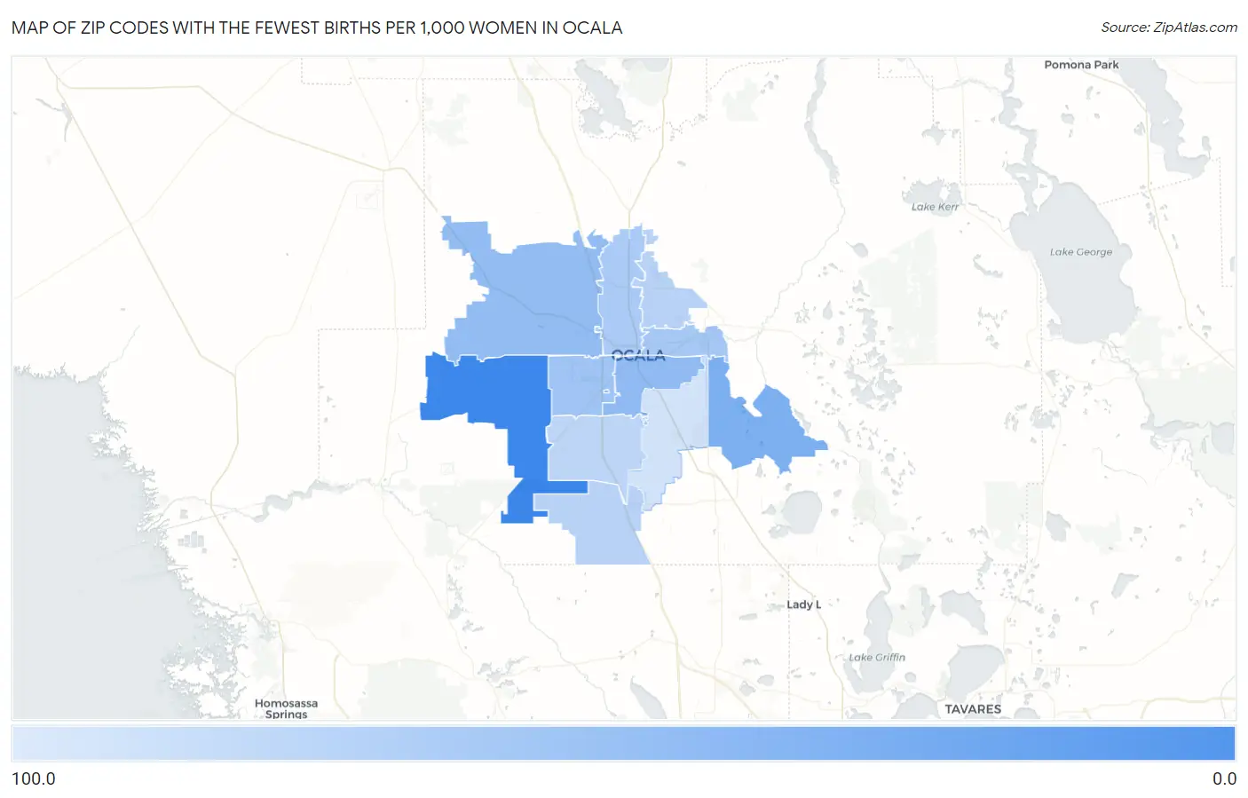 Zip Codes with the Fewest Births per 1,000 Women in Ocala Map