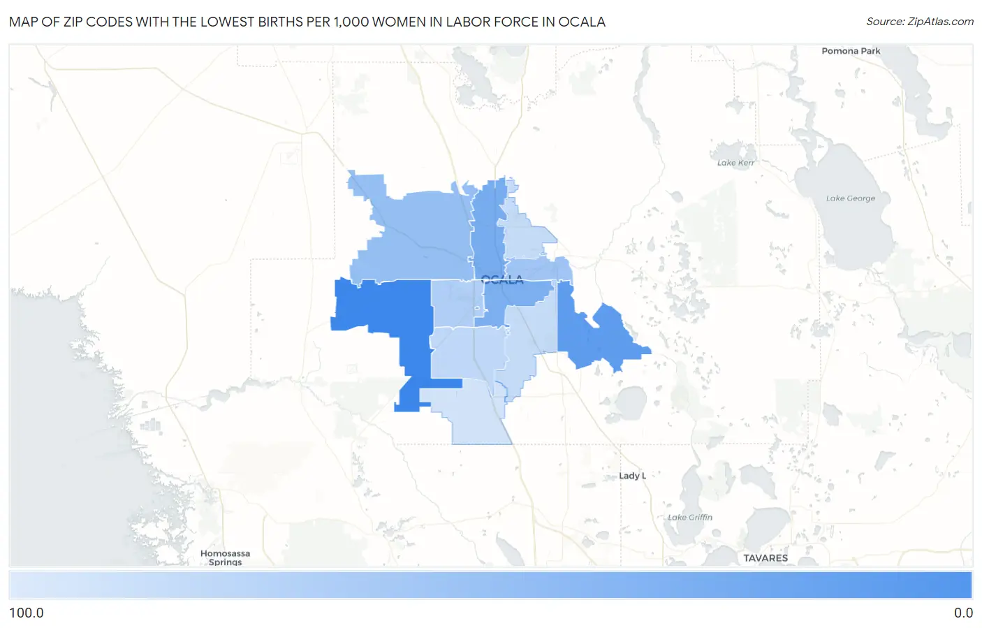 Zip Codes with the Lowest Births per 1,000 Women in Labor Force in Ocala Map