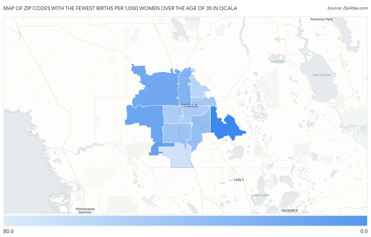Zip Codes with the Fewest Births per 1,000 Women Over the Age of 35 in Ocala Map