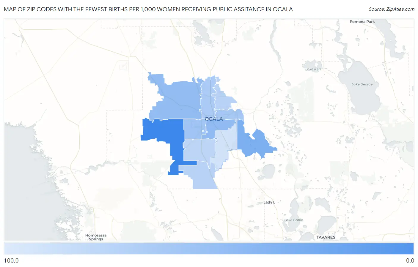 Zip Codes with the Fewest Births per 1,000 Women Receiving Public Assitance in Ocala Map