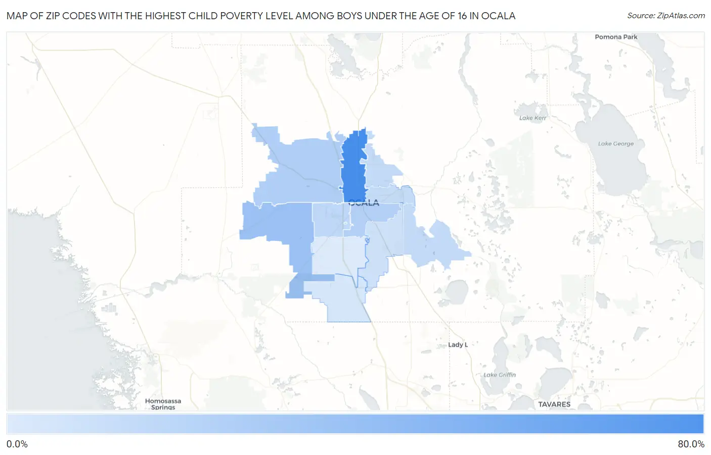 Zip Codes with the Highest Child Poverty Level Among Boys Under the Age of 16 in Ocala Map