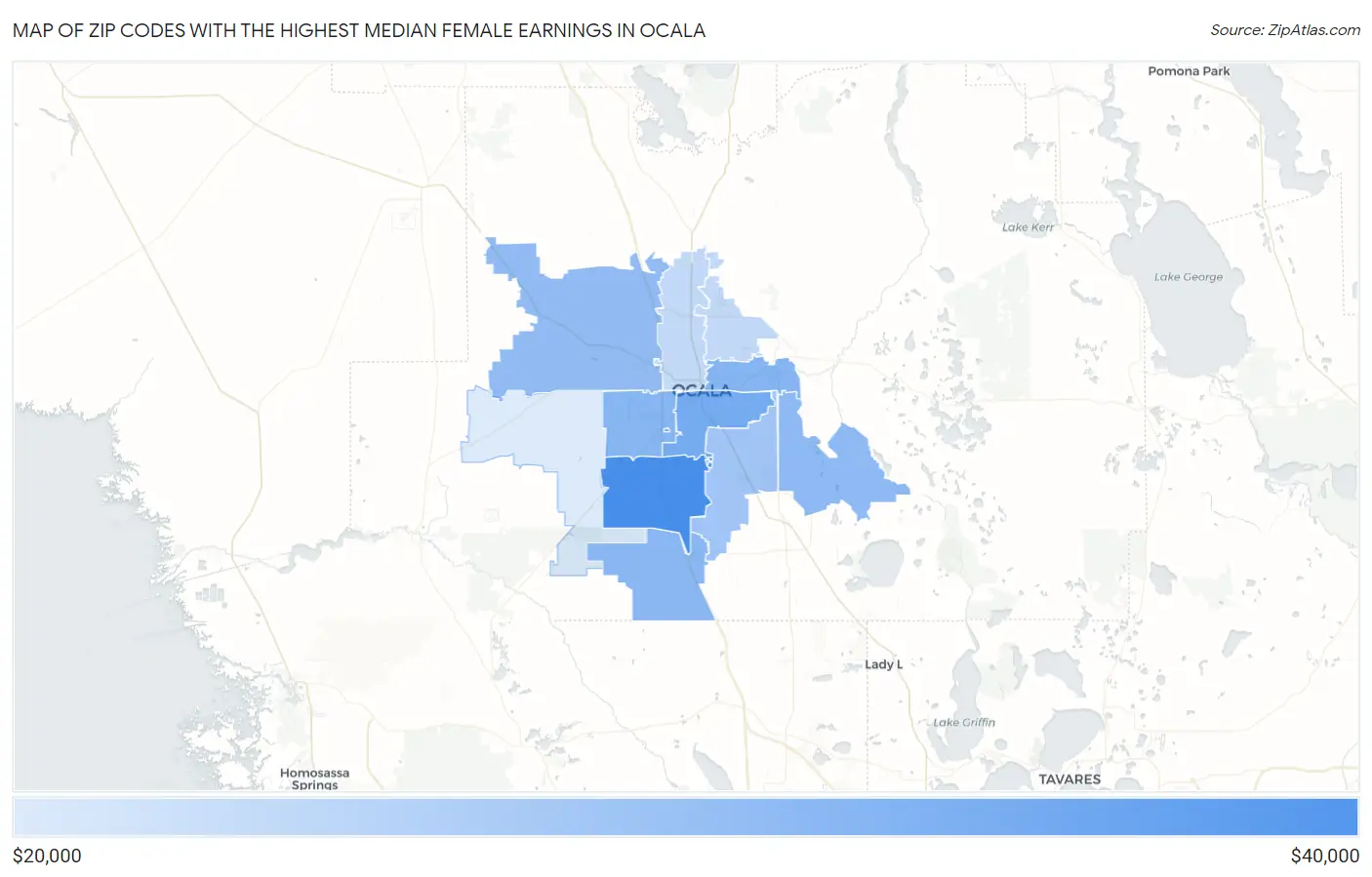 Zip Codes with the Highest Median Female Earnings in Ocala Map