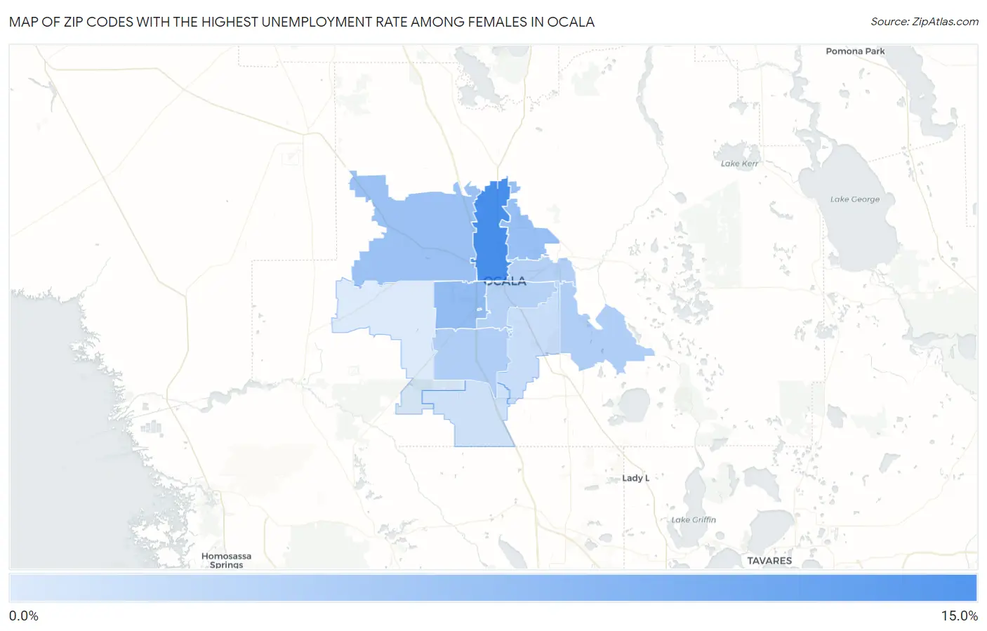 Zip Codes with the Highest Unemployment Rate Among Females in Ocala Map