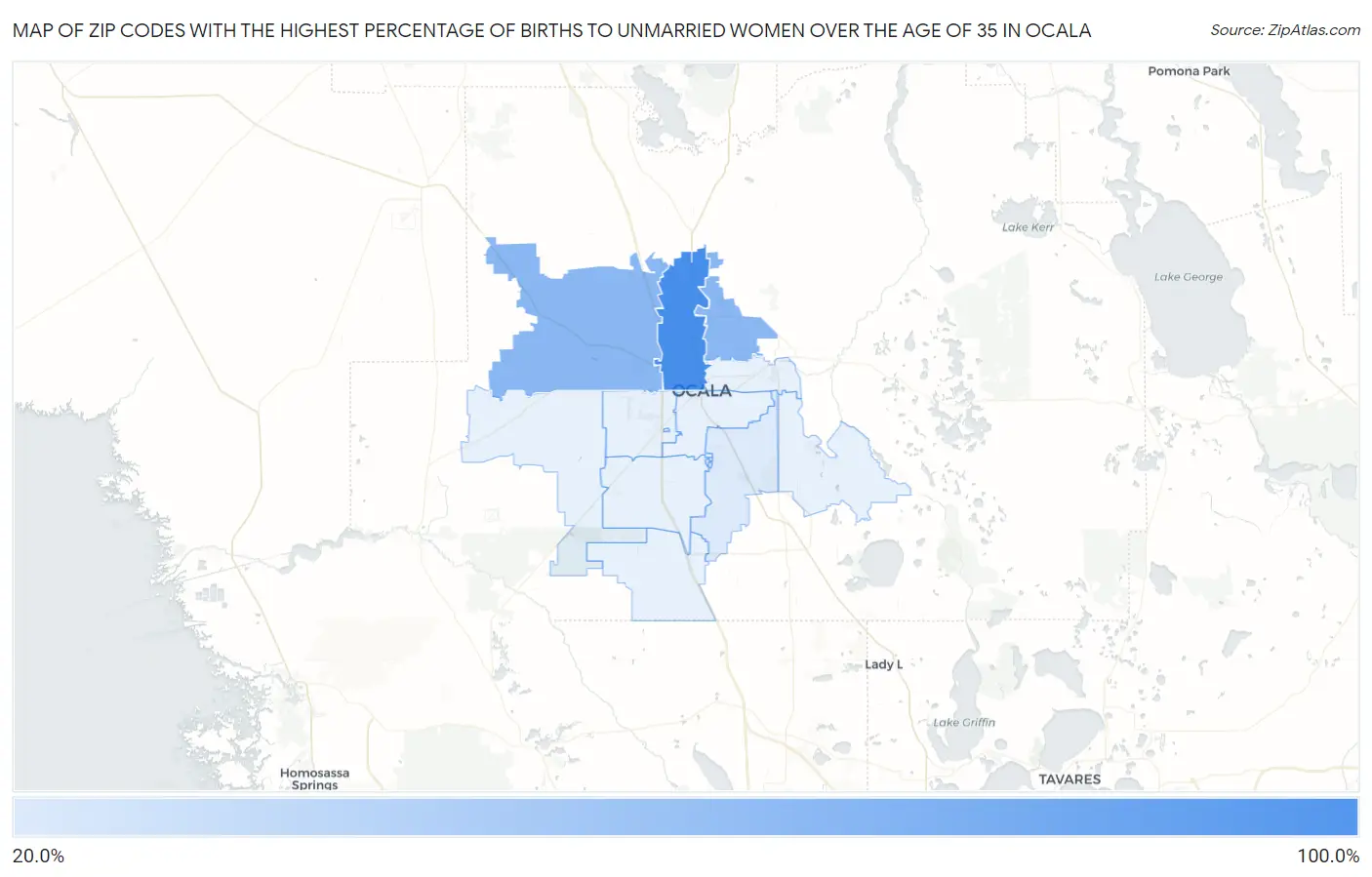 Zip Codes with the Highest Percentage of Births to Unmarried Women over the Age of 35 in Ocala Map