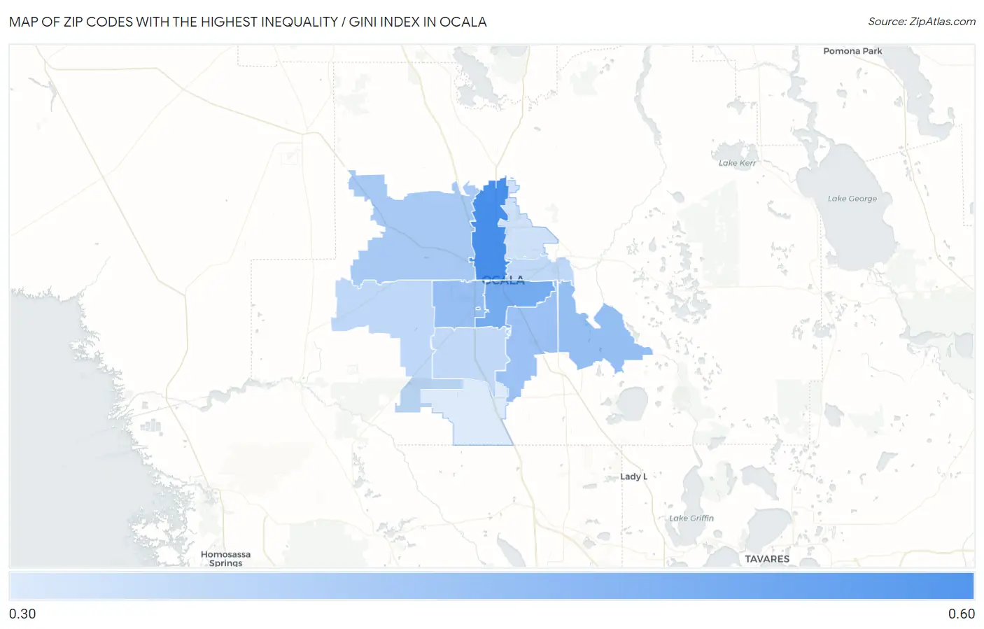 Zip Codes with the Highest Inequality / Gini Index in Ocala Map