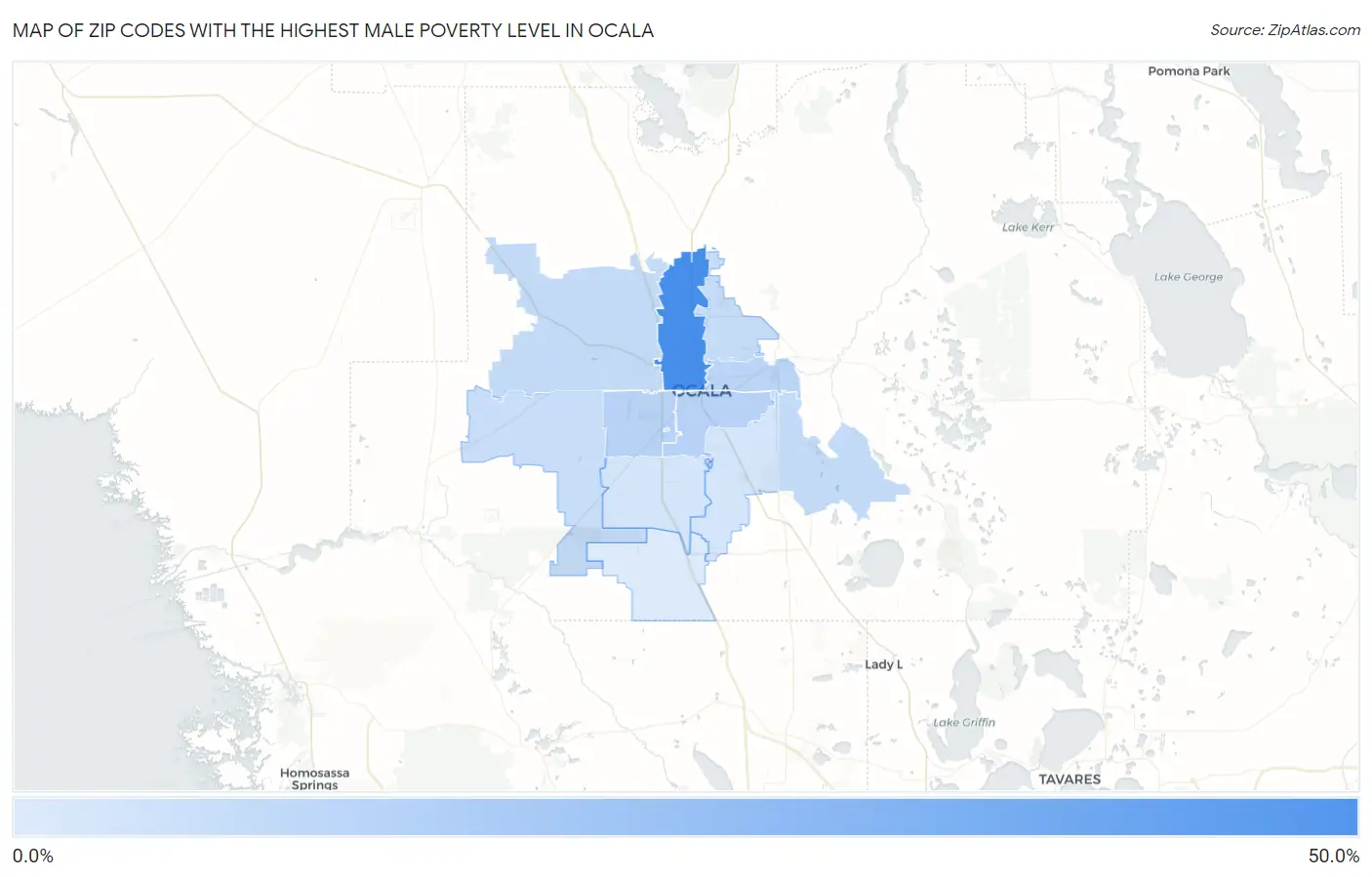 Zip Codes with the Highest Male Poverty Level in Ocala Map