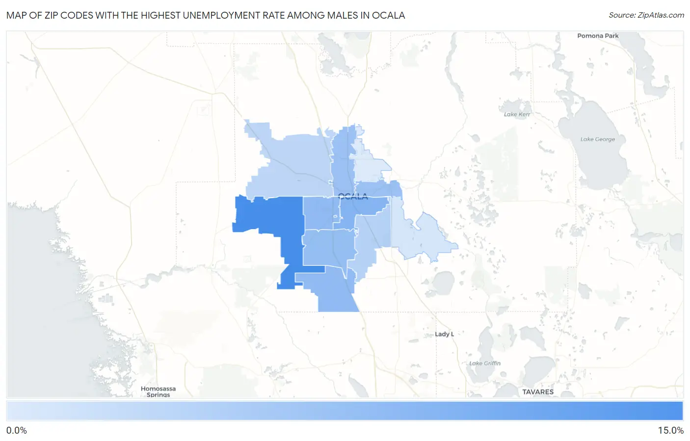 Zip Codes with the Highest Unemployment Rate Among Males in Ocala Map