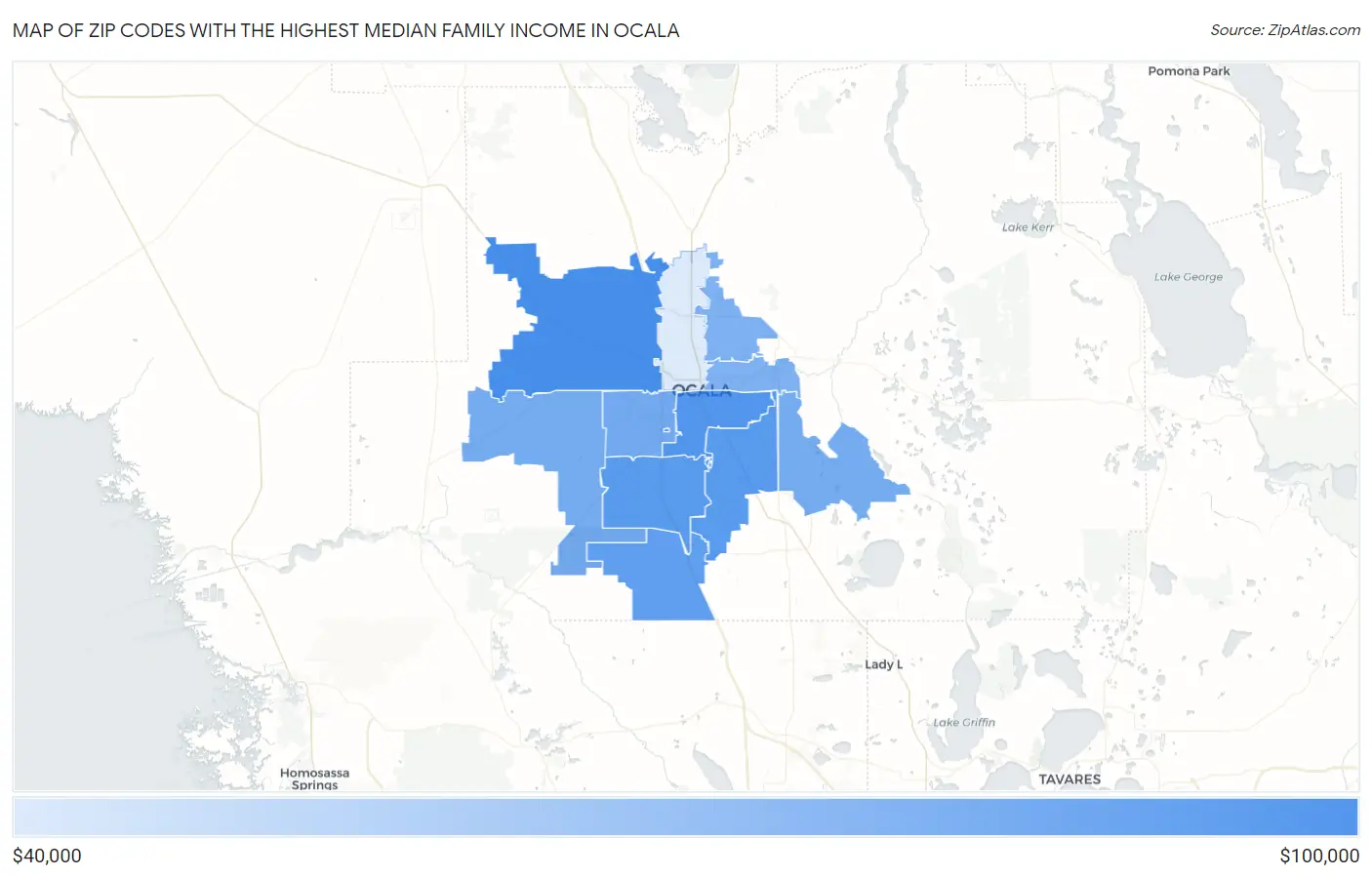 Zip Codes with the Highest Median Family Income in Ocala Map