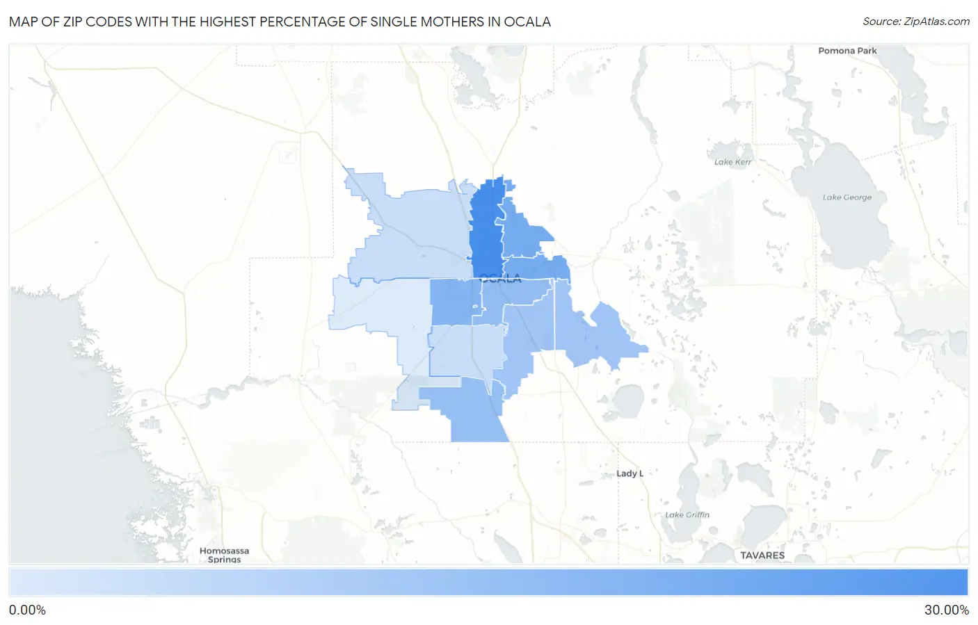 Zip Codes with the Highest Percentage of Single Mothers in Ocala Map