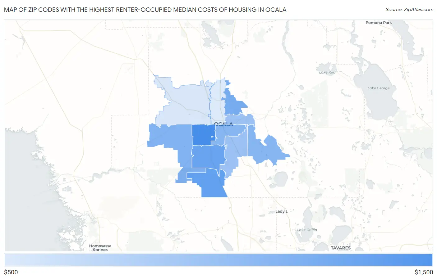 Zip Codes with the Highest Renter-Occupied Median Costs of Housing in Ocala Map