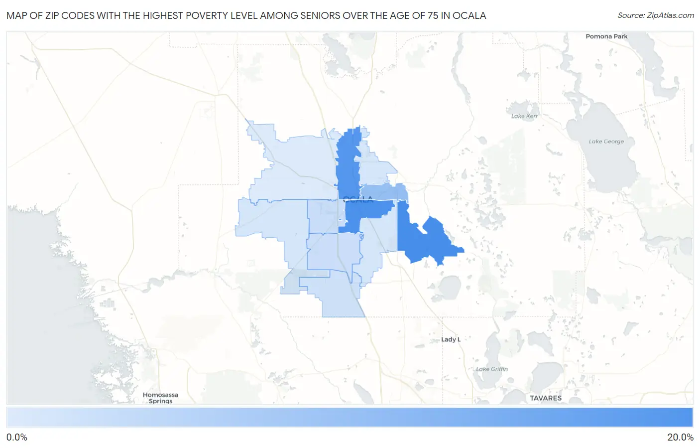Zip Codes with the Highest Poverty Level Among Seniors Over the Age of 75 in Ocala Map