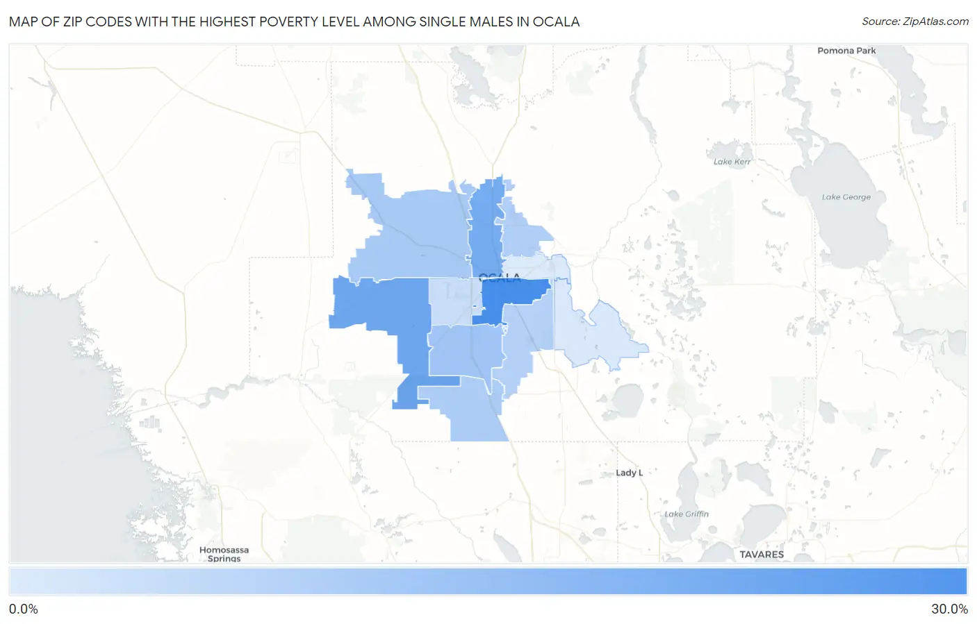 Zip Codes with the Highest Poverty Level Among Single Males in Ocala Map
