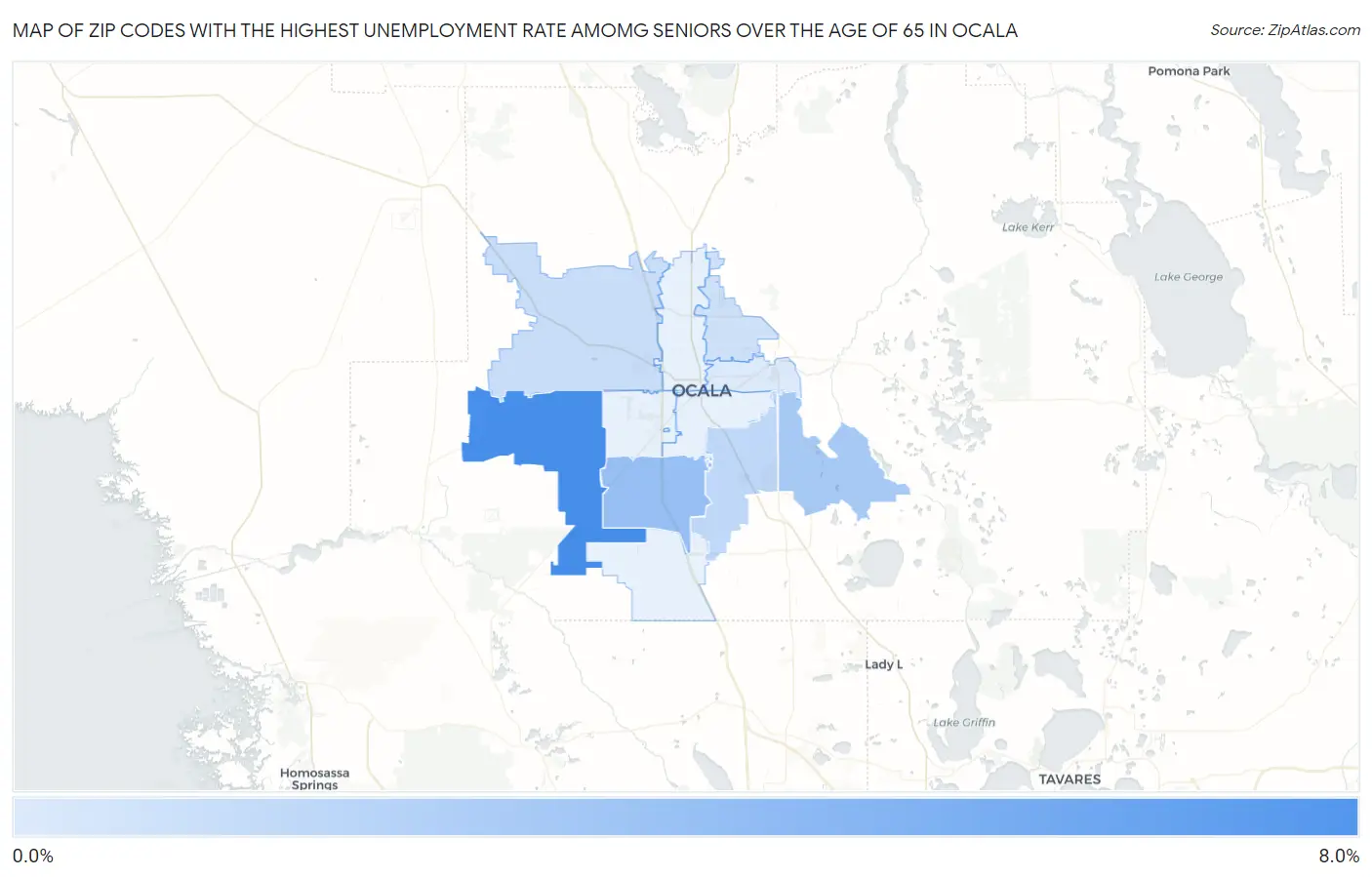 Zip Codes with the Highest Unemployment Rate Amomg Seniors Over the Age of 65 in Ocala Map