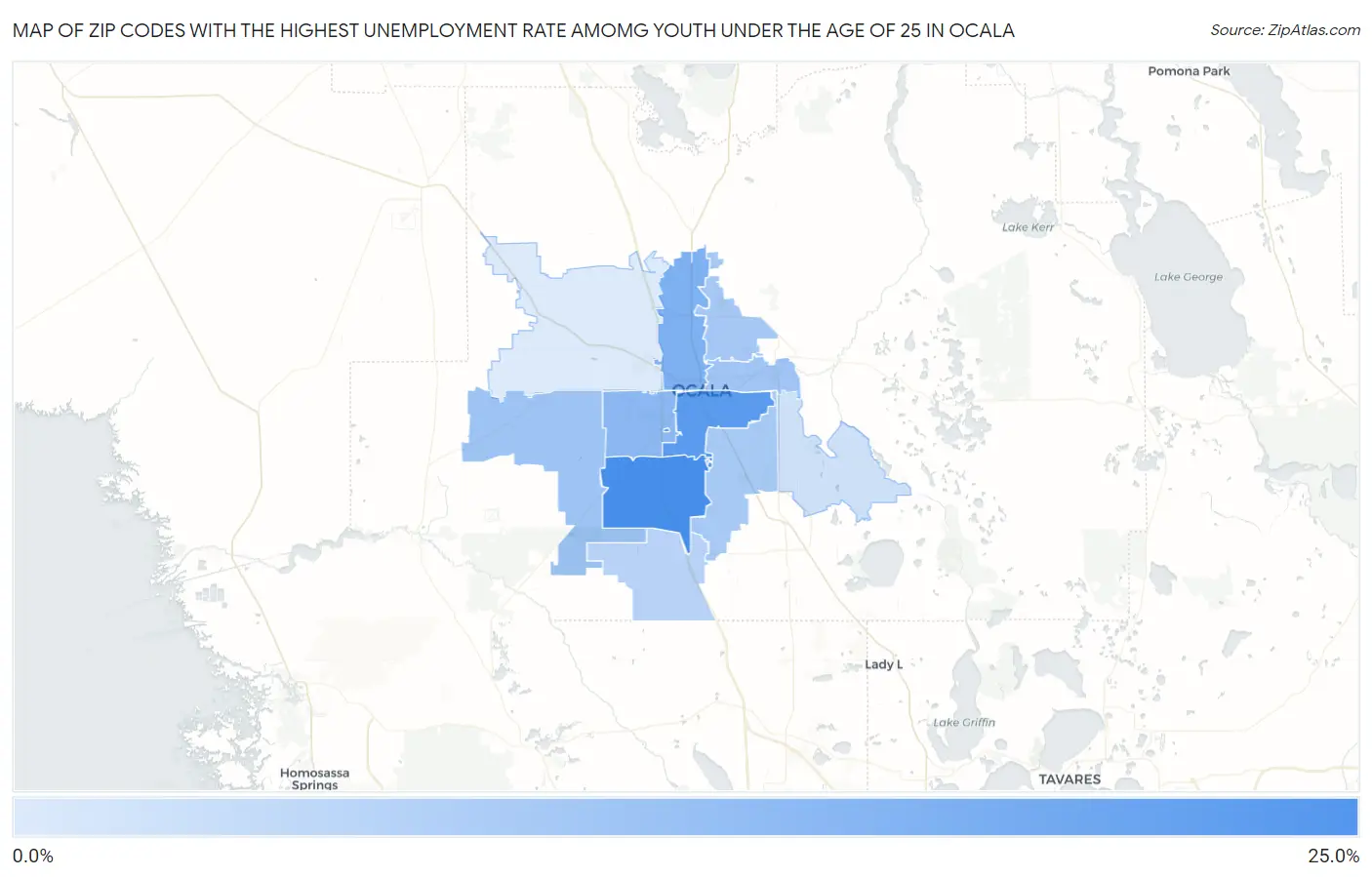 Zip Codes with the Highest Unemployment Rate Amomg Youth Under the Age of 25 in Ocala Map