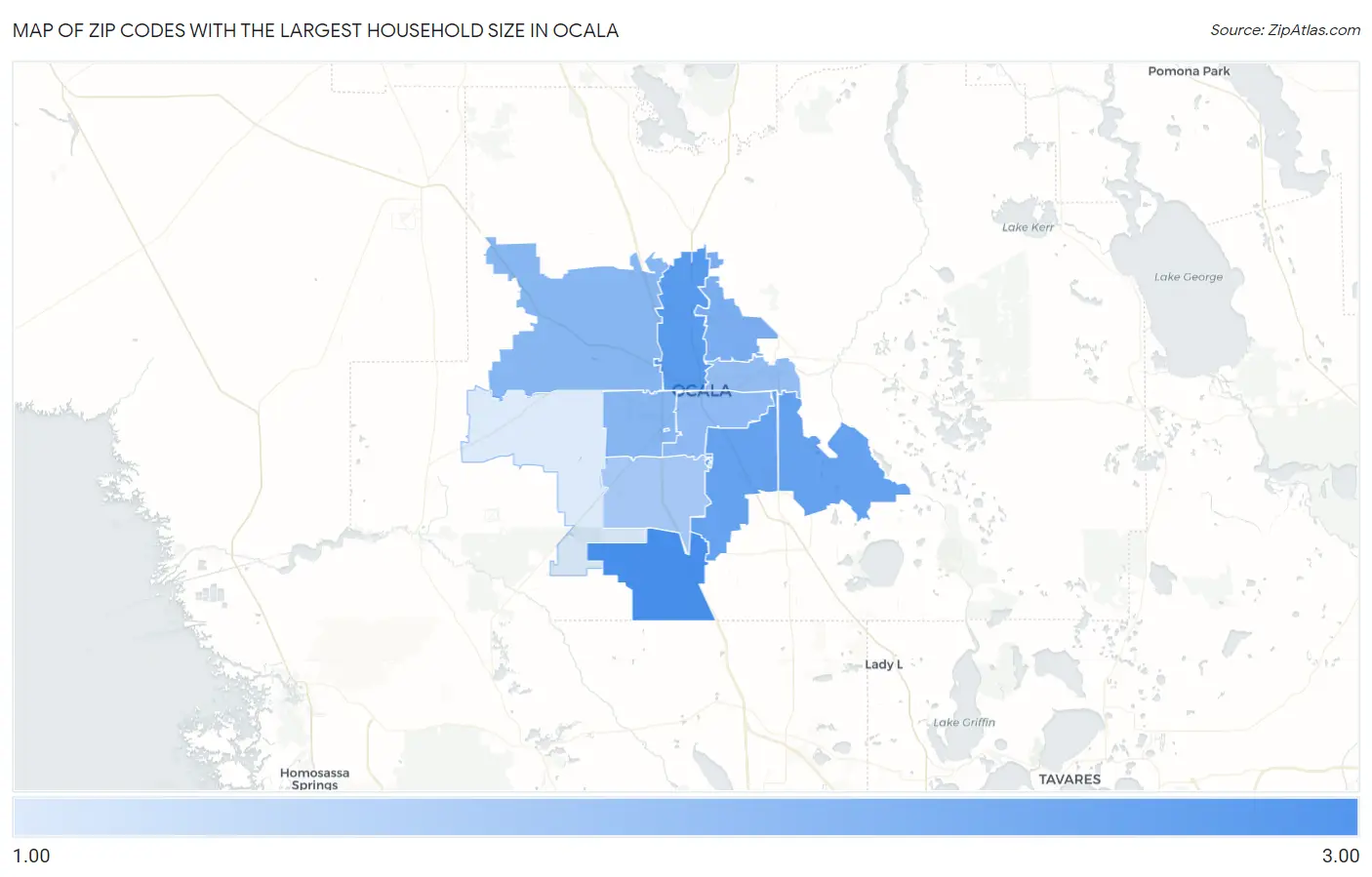 Zip Codes with the Largest Household Size in Ocala Map