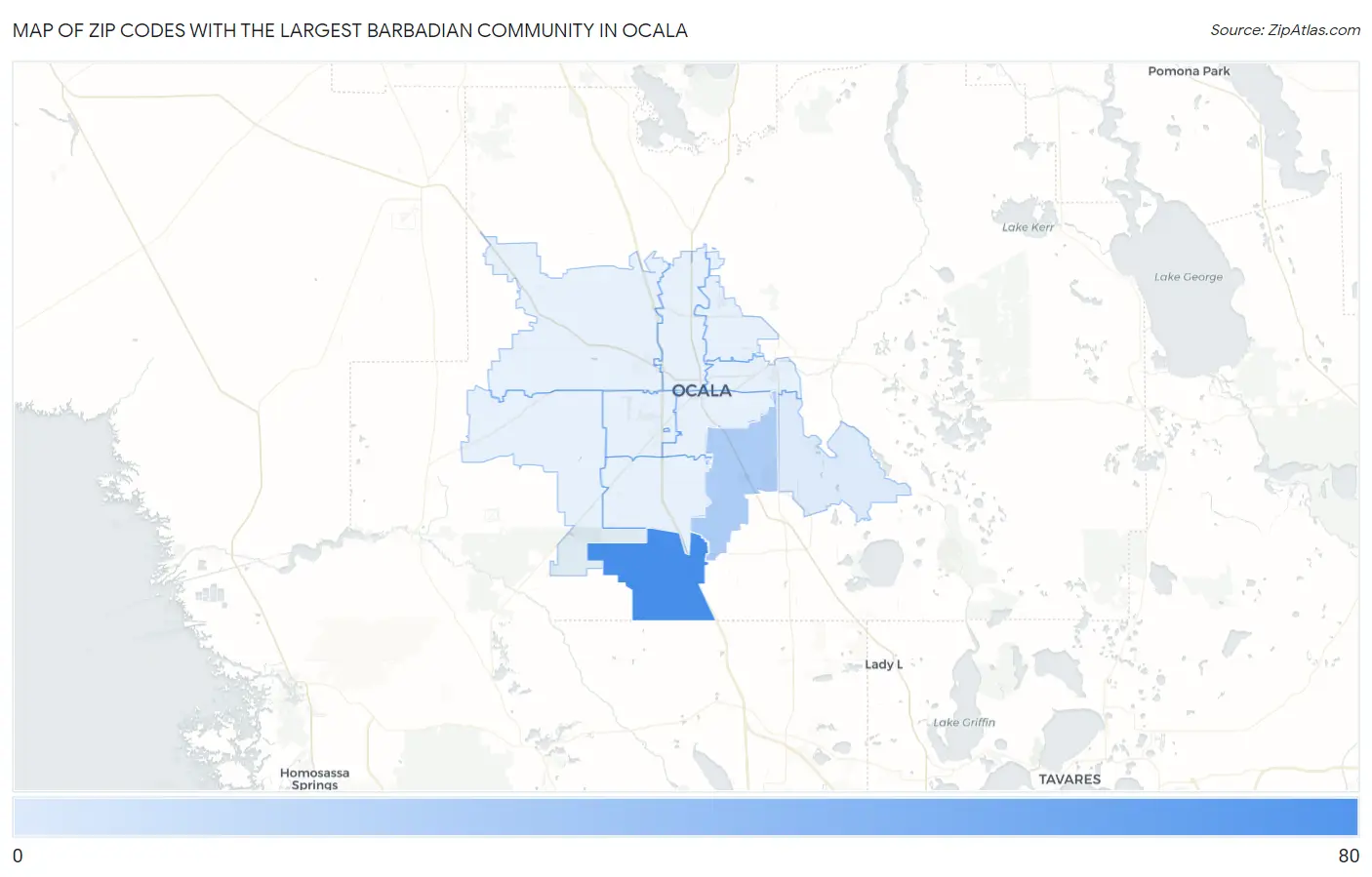 Zip Codes with the Largest Barbadian Community in Ocala Map