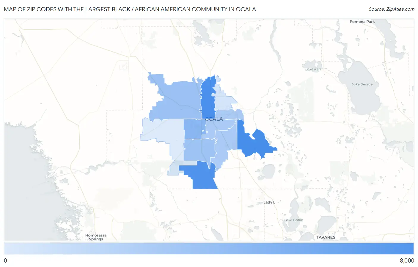 Zip Codes with the Largest Black / African American Community in Ocala Map