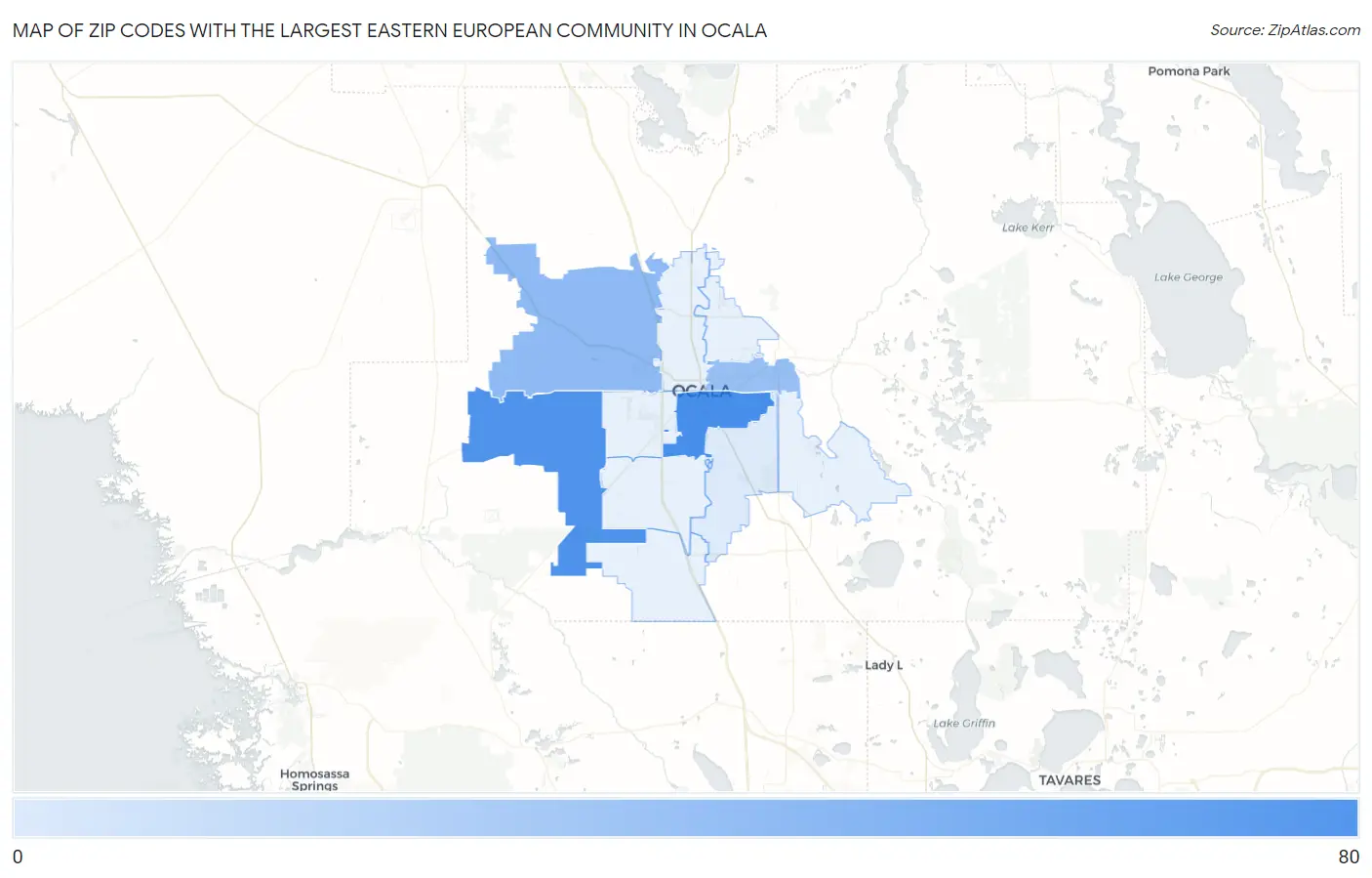 Zip Codes with the Largest Eastern European Community in Ocala Map