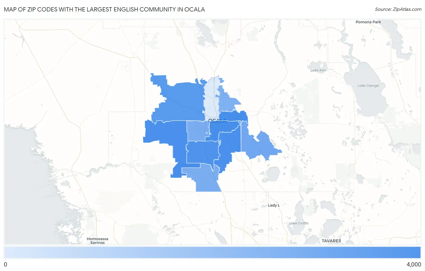Zip Codes with the Largest English Community in Ocala Map