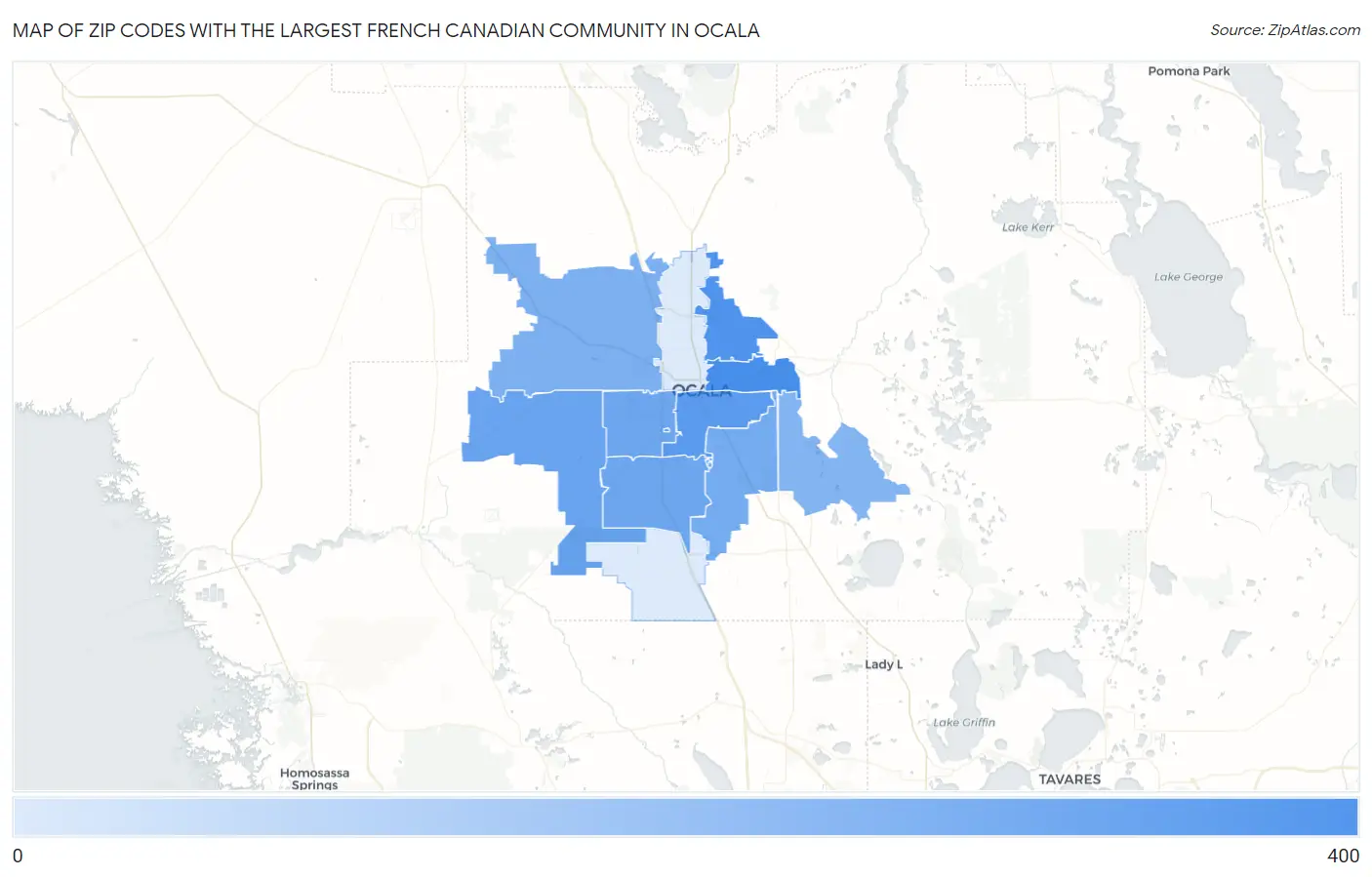 Zip Codes with the Largest French Canadian Community in Ocala Map