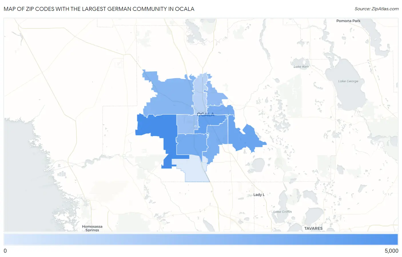 Zip Codes with the Largest German Community in Ocala Map