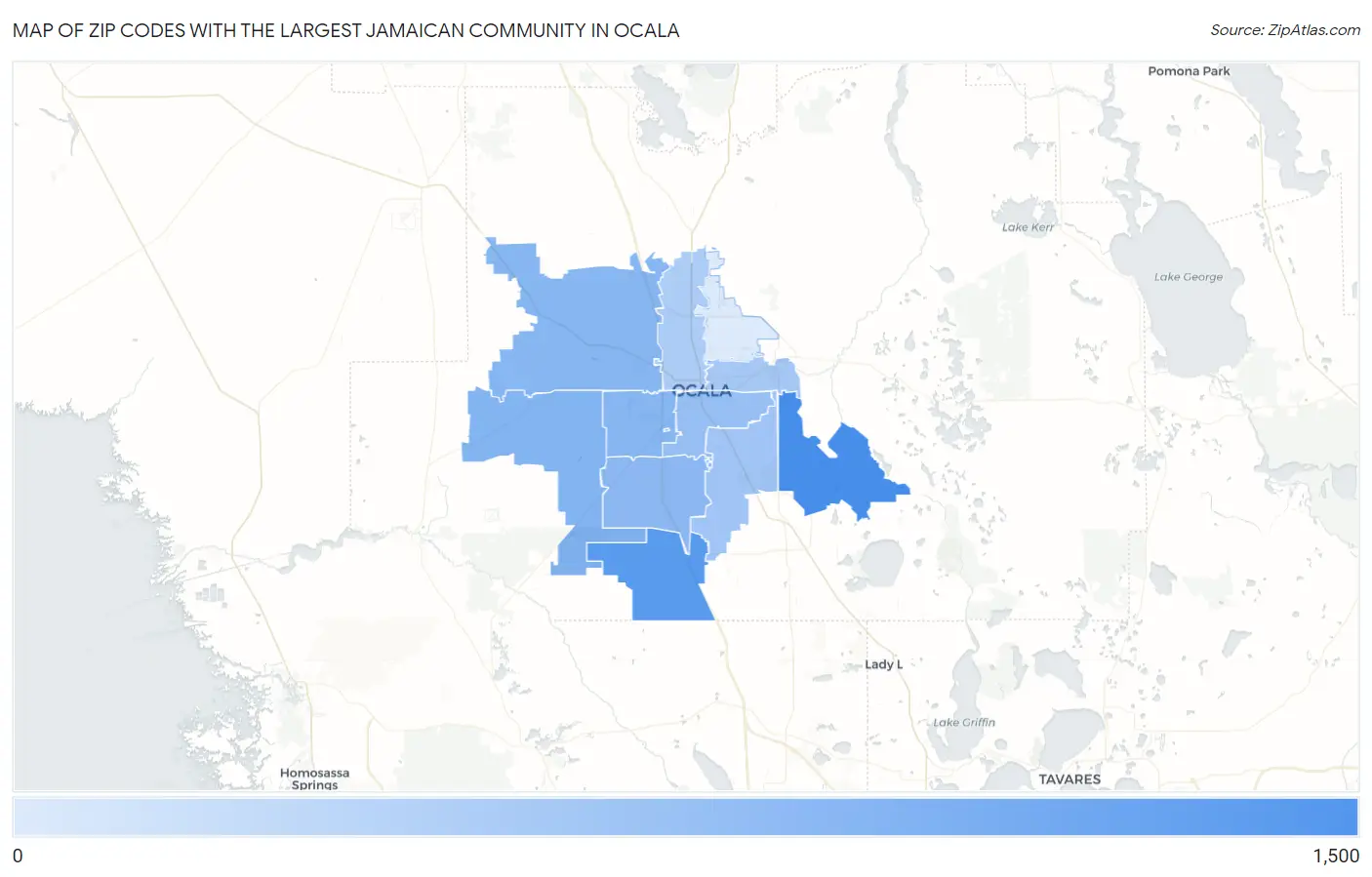 Zip Codes with the Largest Jamaican Community in Ocala Map