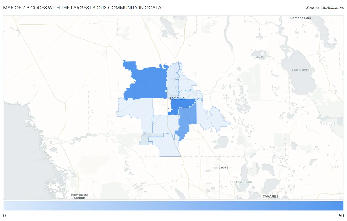 Zip Codes with the Largest Sioux Community in Ocala Map