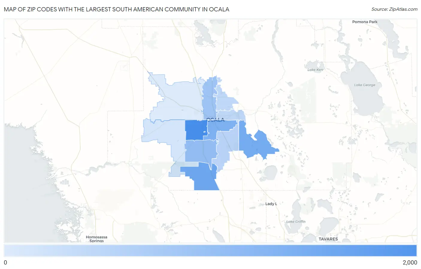 Zip Codes with the Largest South American Community in Ocala Map