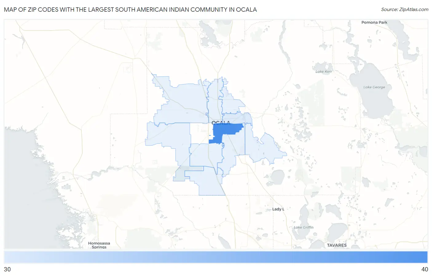 Zip Codes with the Largest South American Indian Community in Ocala Map