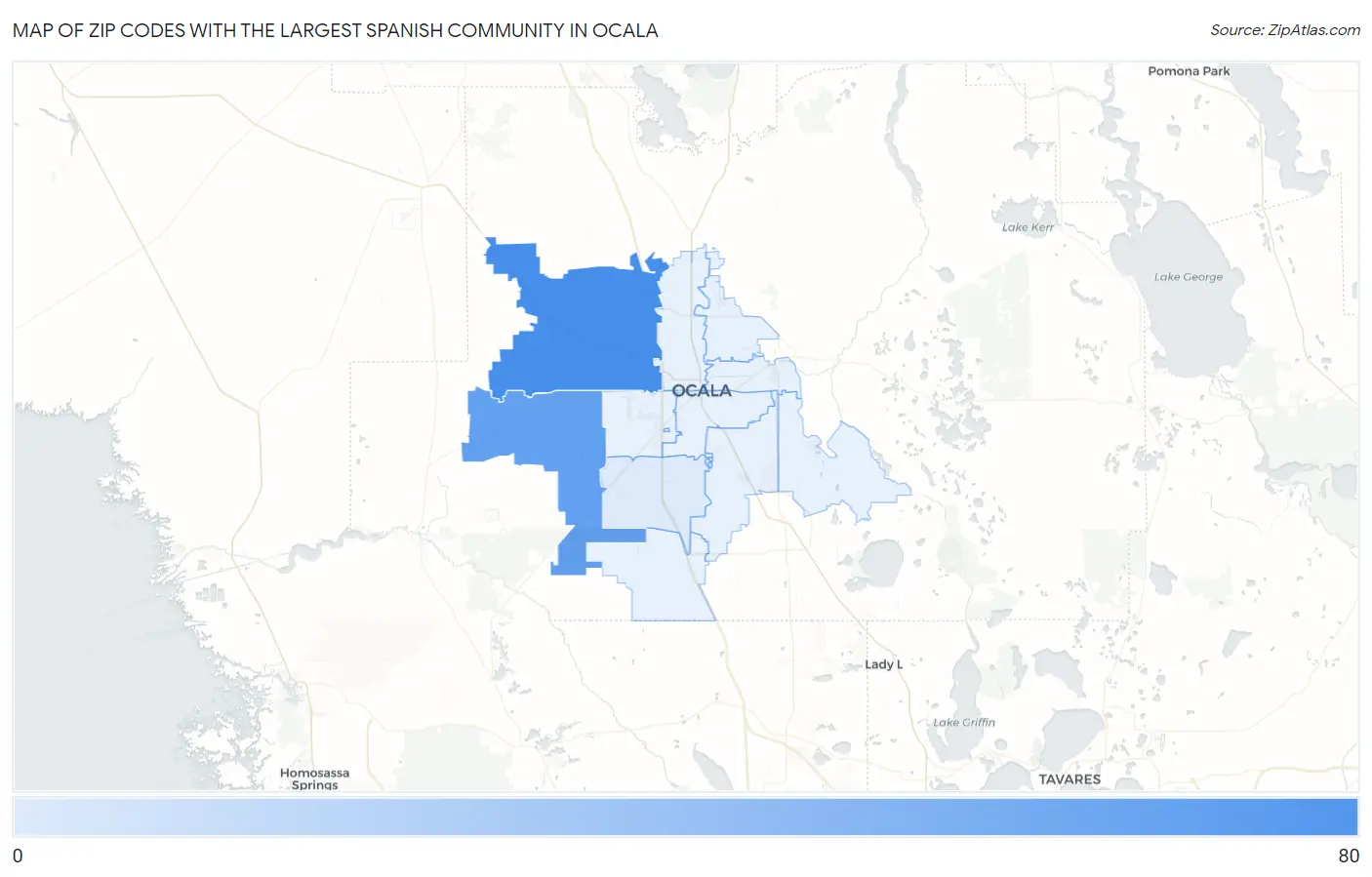 Zip Codes with the Largest Spanish Community in Ocala Map