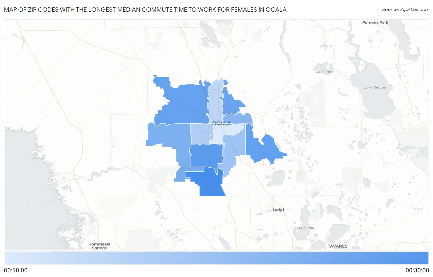Zip Codes with the Longest Median Commute Time to Work for Females in Ocala Map
