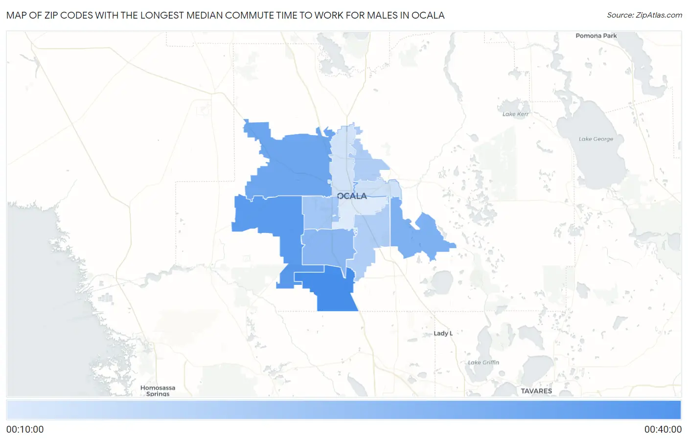 Zip Codes with the Longest Median Commute Time to Work for Males in Ocala Map