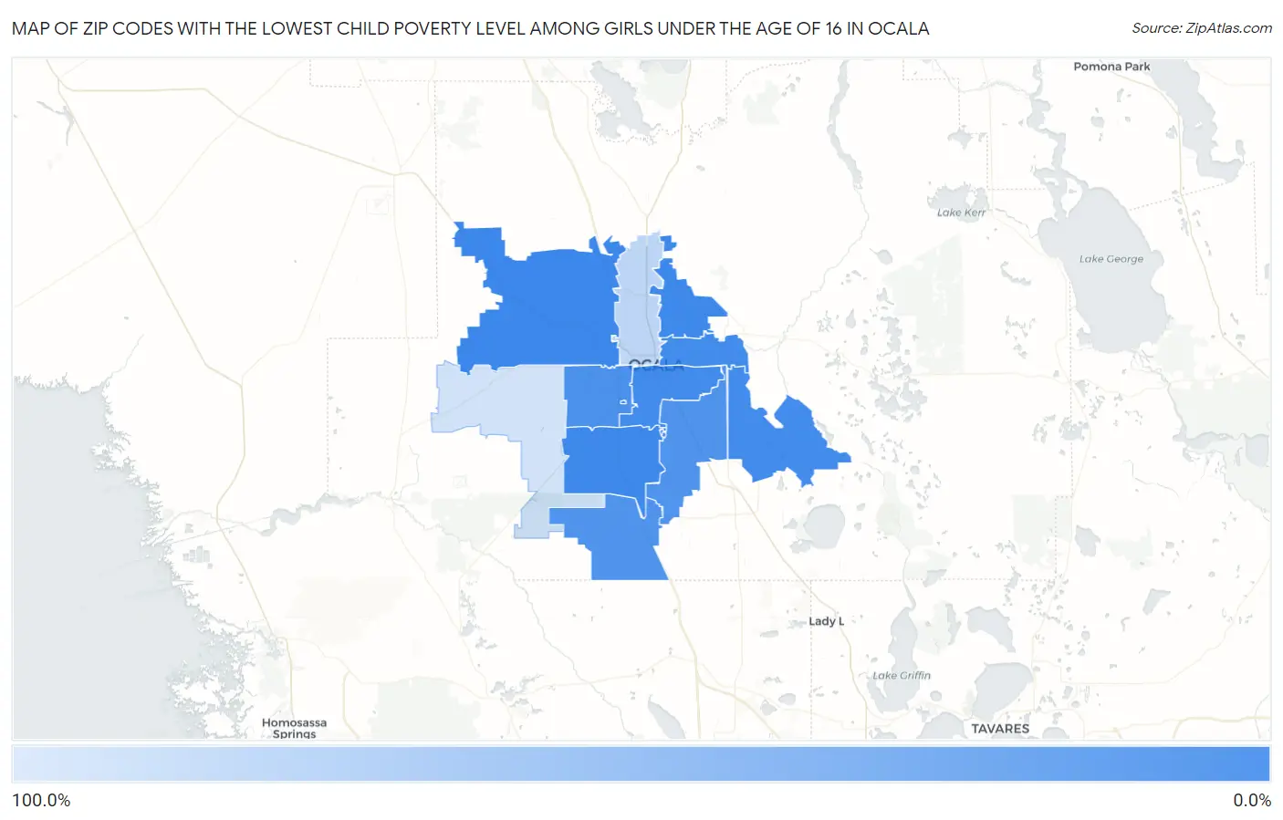 Zip Codes with the Lowest Child Poverty Level Among Girls Under the Age of 16 in Ocala Map
