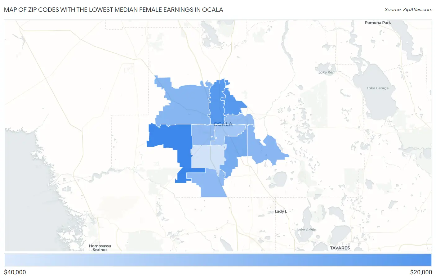 Zip Codes with the Lowest Median Female Earnings in Ocala Map
