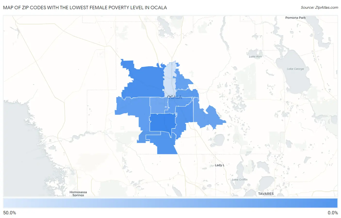 Zip Codes with the Lowest Female Poverty Level in Ocala Map