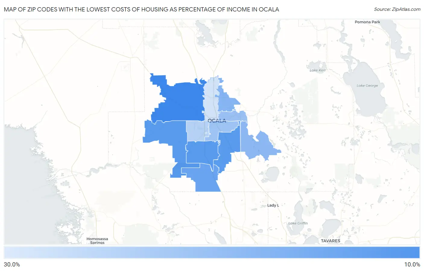 Zip Codes with the Lowest Costs of Housing as Percentage of Income in Ocala Map
