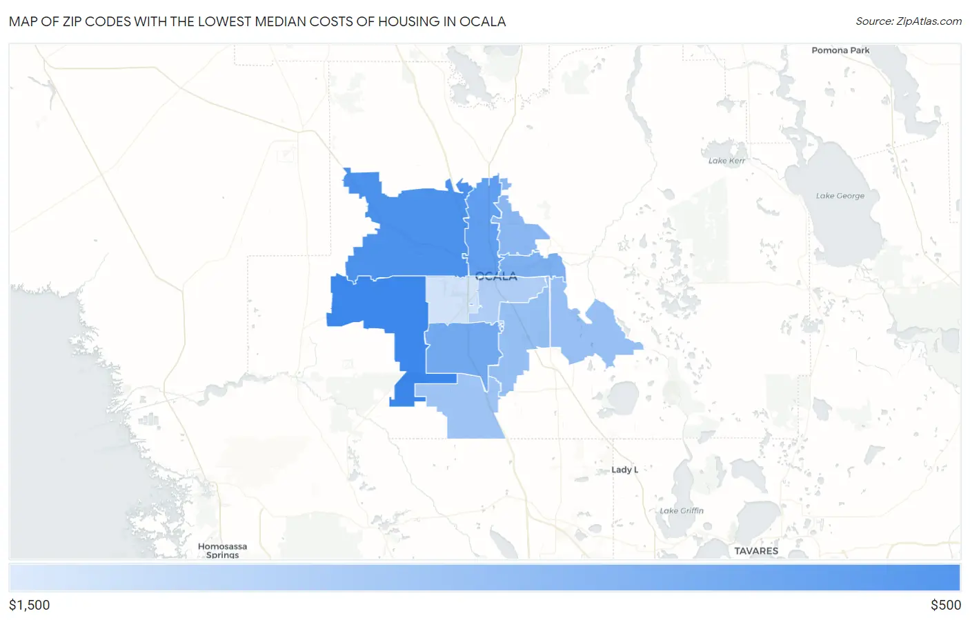 Zip Codes with the Lowest Median Costs of Housing in Ocala Map