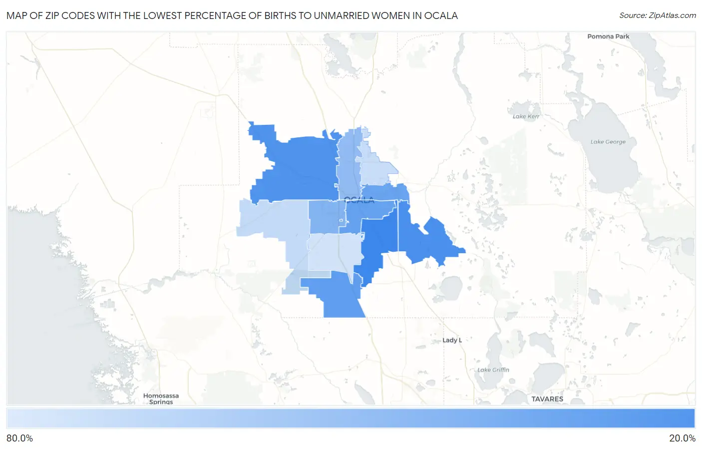 Zip Codes with the Lowest Percentage of Births to Unmarried Women in Ocala Map