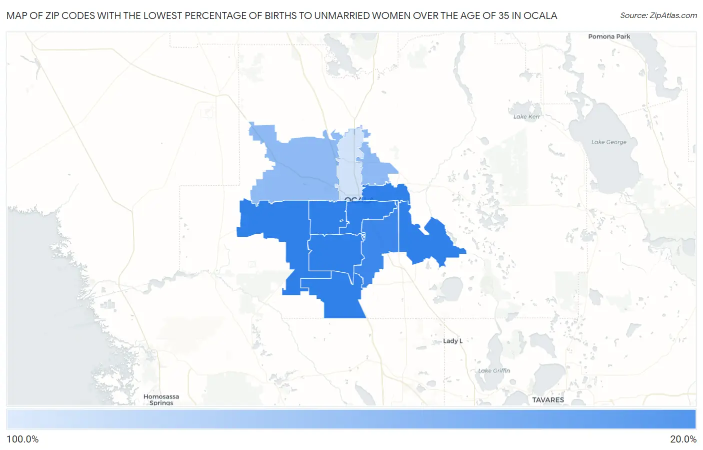 Zip Codes with the Lowest Percentage of Births to Unmarried Women over the Age of 35 in Ocala Map